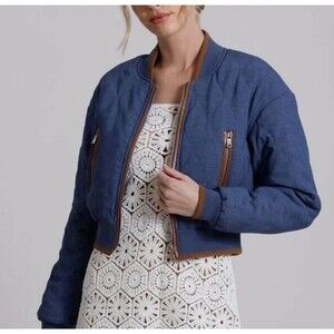 NEW! NWT 7 FOR ALL MANKIND Quilted Chambray Bomber Jacket Medium Wash Blue Sz M